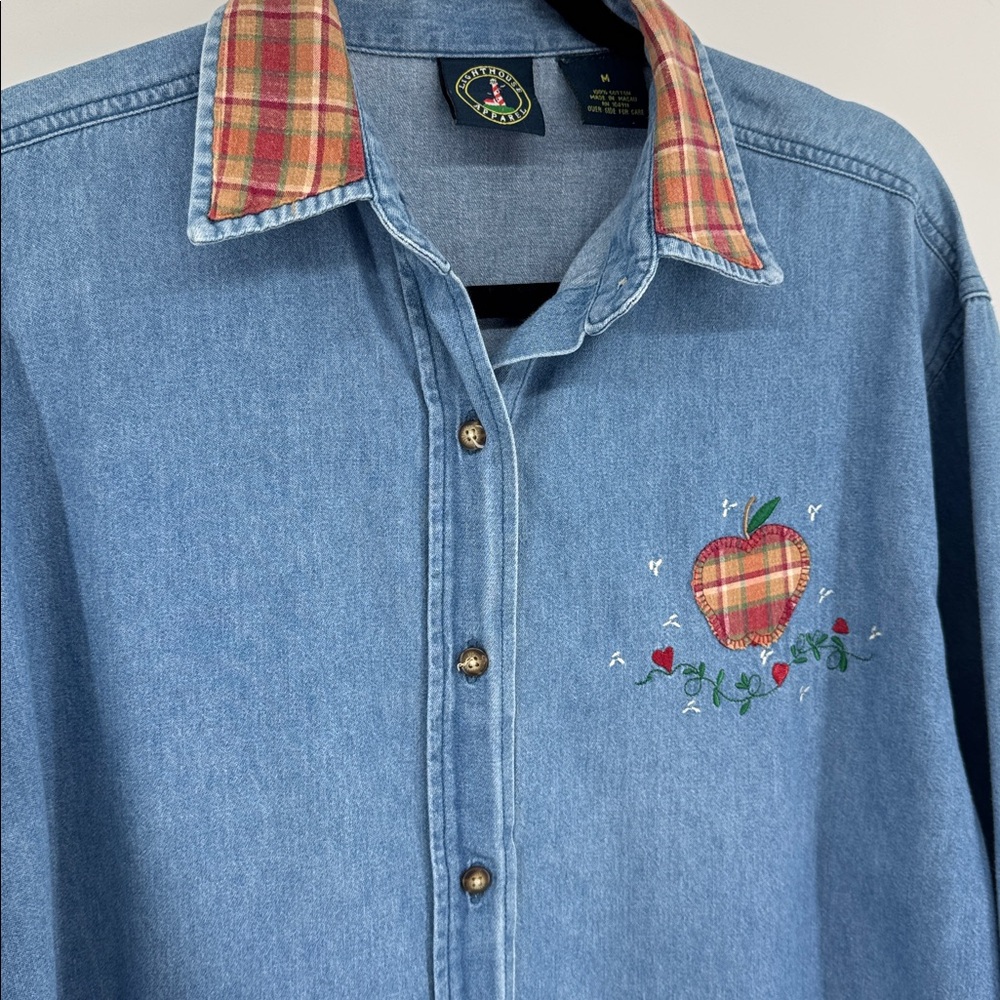 Vintage Lighthouse Chambray Denim Patch Work Butt… - image 7